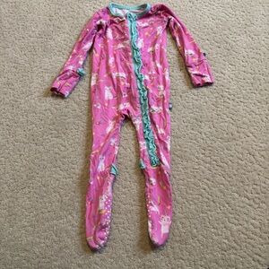 Macaron + Me Bamboo Two Way Zip Unicorn Pink and Teal Ruffle Sleeper